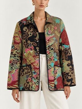 Harari silk quilted abstract jacket green brown
